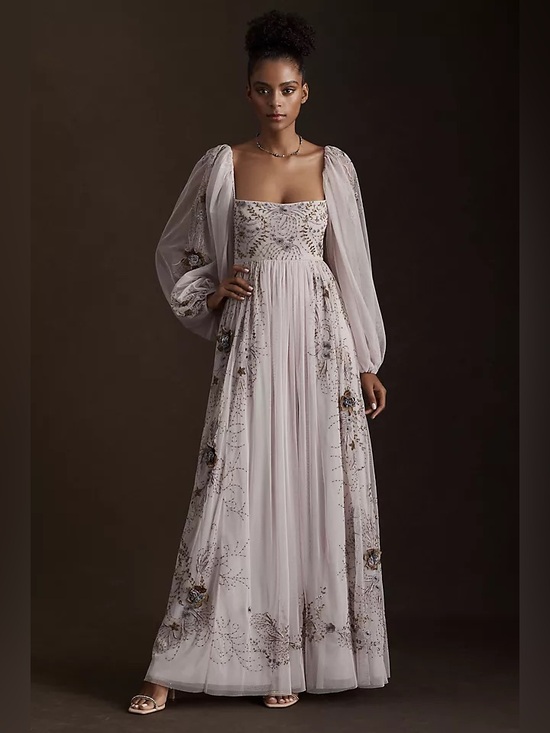 BHLDN Dresses & Skirts - BHLDN Stargazer Purple Valetta Empire-Waist Puff-Sleeve Backless Gown